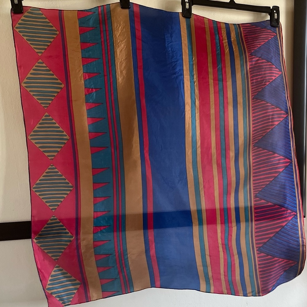 Red, blue, gold colors, geometric shapes, large square scarf